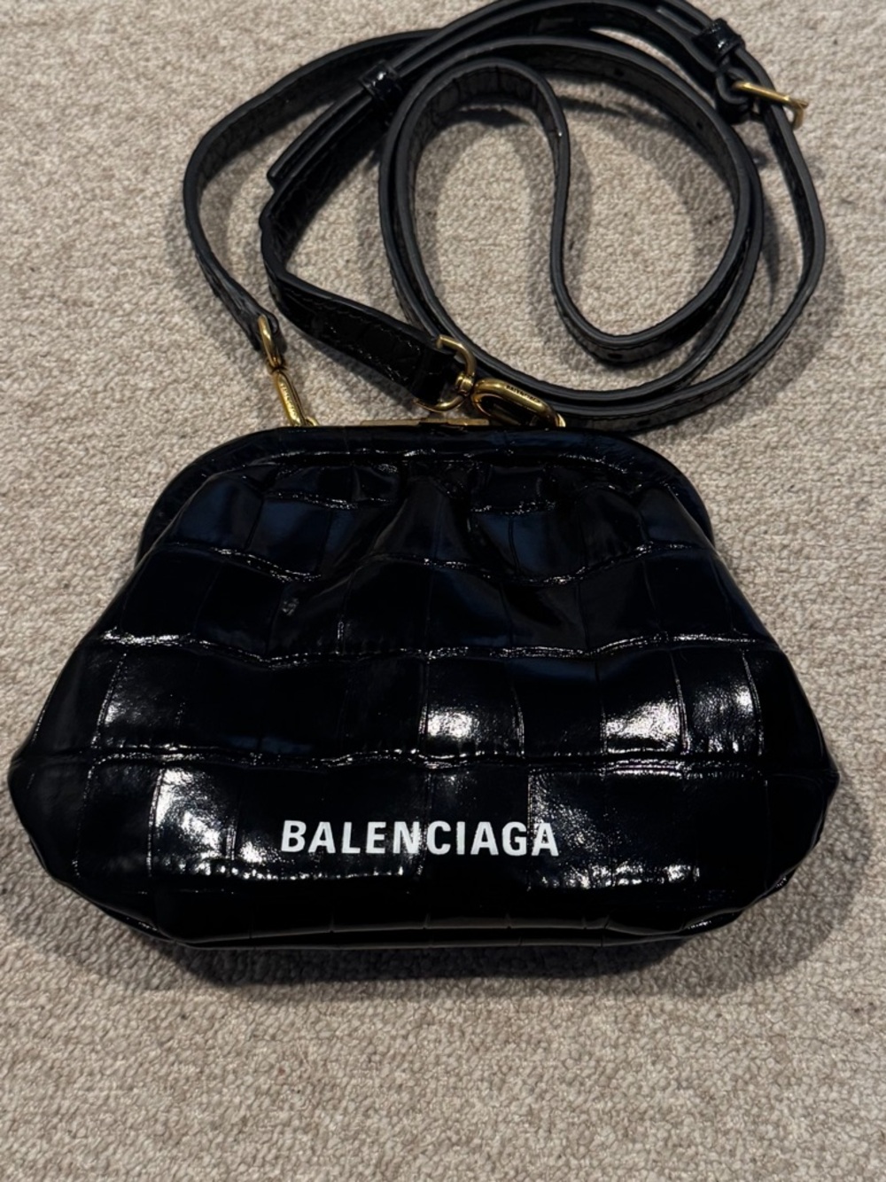 Balenciaga Black Croc-Embossed Patent Leather Cloud Coin purse w/ strap